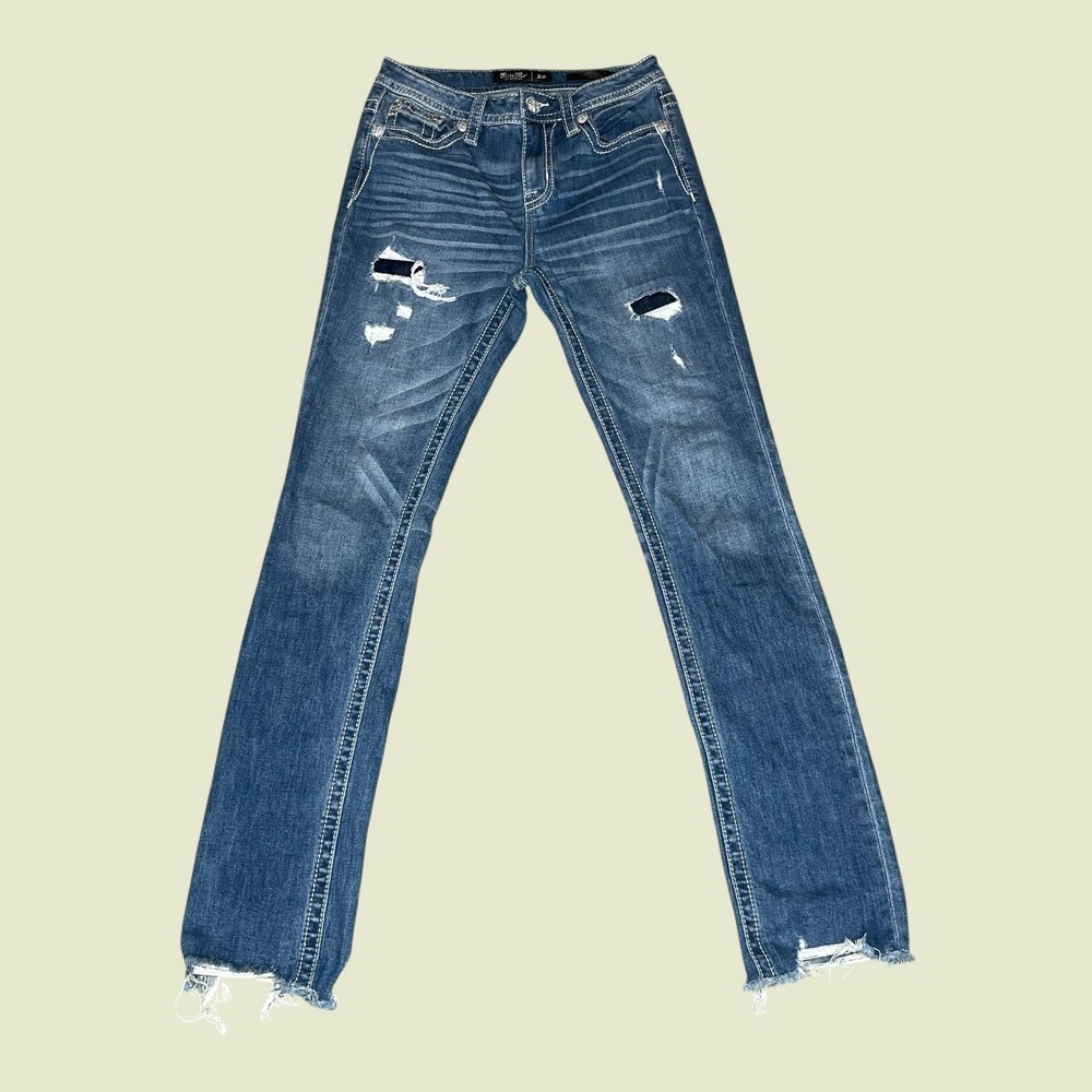 Miss Me Heaven Bootcut Jeans Womens 26 Whiskering Distressed Frayed Hem Low Rise